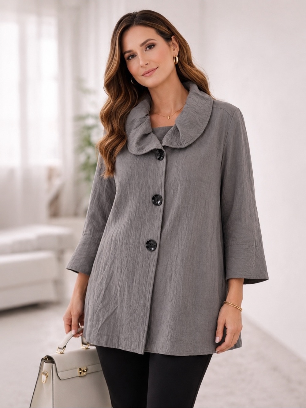 NWT Yushi Lagenlook Swing Jacket Ruched Wire‎ Ruffle Collar Gray XL USA Made